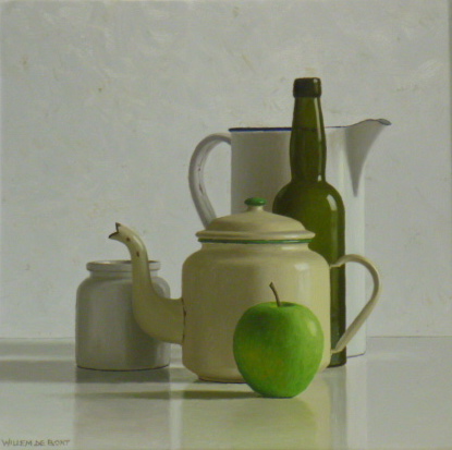 Hoofdfoto Kan, theepot, fles, potje en appel
