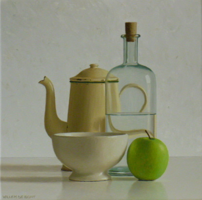 Hoofdfoto Koffiekan, fles, kom en appel